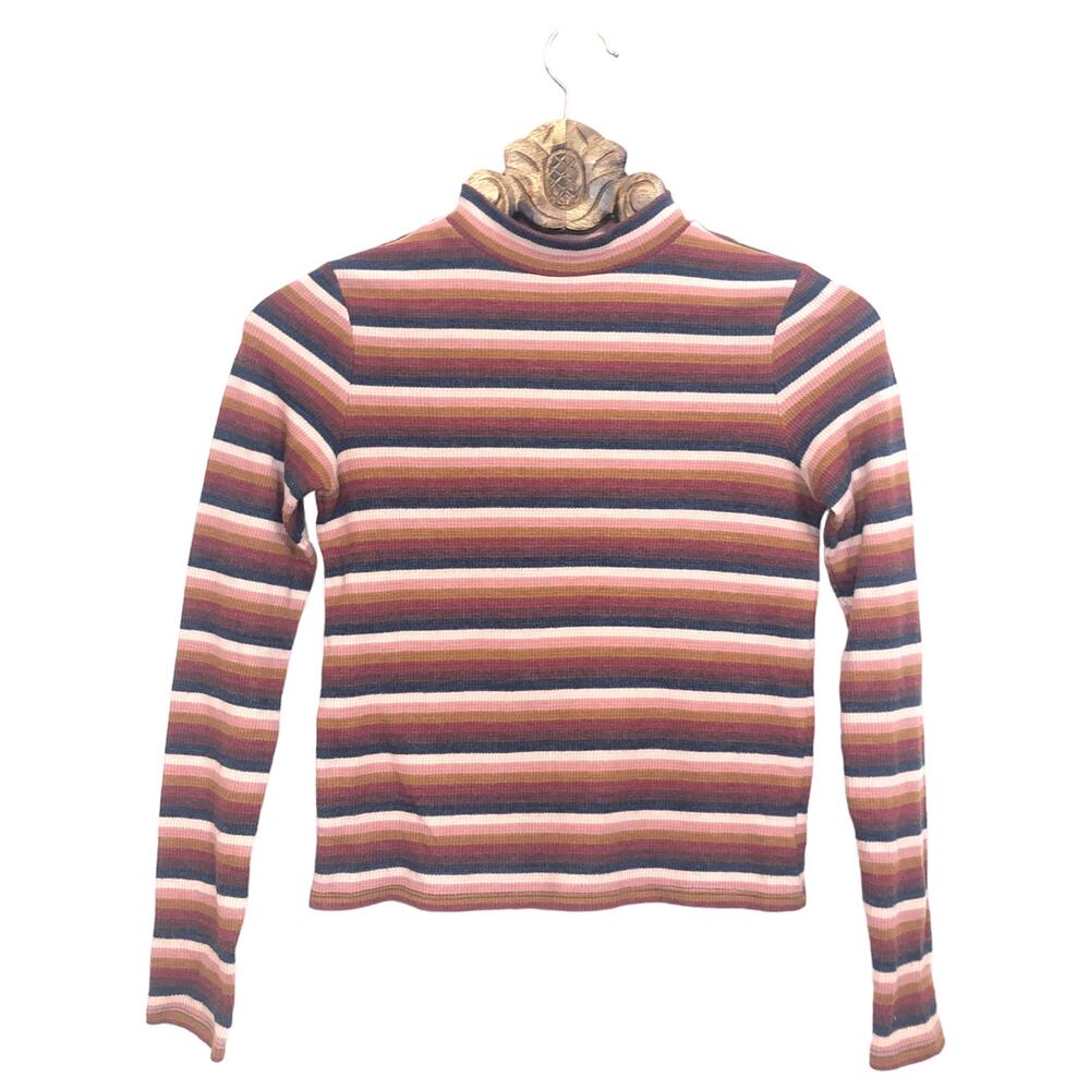 American Eagle Top Stripe Mock Neck Crop Long Sleeve Rib Waffle Tee Thermal xs